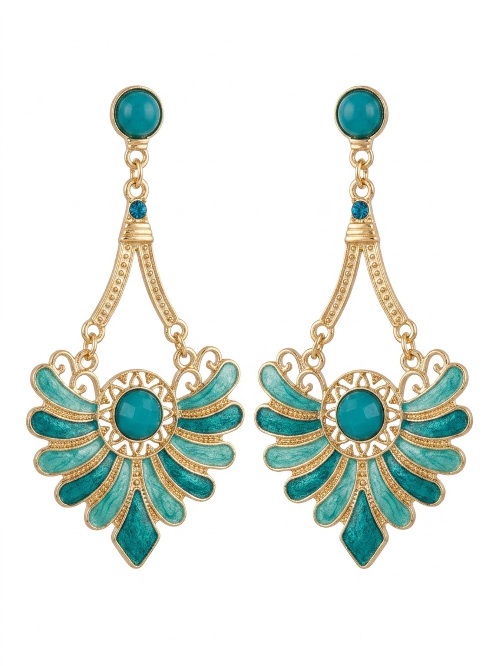 Boho Turquoise and Gold Chandelier Drop Earrings